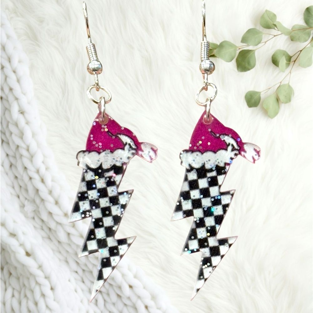 Pink and Black Checkered Lightning Christmas Earrings HANDMADE